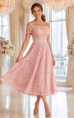 Blush Lace Off Shoulder A Line Awards Luncheon Midi Dress