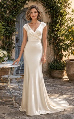 V Neck Cap Sleeve Satin French Courtyard Mermaid Gown