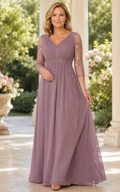 Vintage-Kleid aus mauvefarbener Spitze, schmeichelhaft für reife Mütter, V-Ausschnitt, Dreiviertelärmel, Empire-Taille, A-Linie, Chiffon, bodenlang