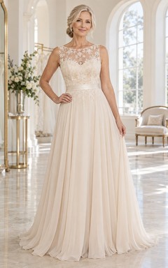 Champagne Sleeveless Wedding Dress for Older Brides with Lace Bodice Satin Waist and Chiffon Train