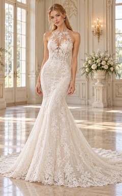 Mermaid High Halter Neck Floral Lace Open Back Wedding Dress