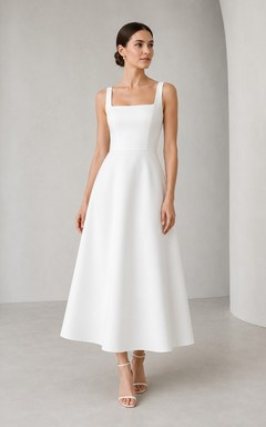 Vestido de satén color marfil con escote cuadrado y corte en A hasta la rodilla.