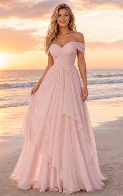 Rosafarbenes, schulterfreies, mehrlagiges Chiffon-Brautkleid im Strand-Sonnenuntergangs-Stil