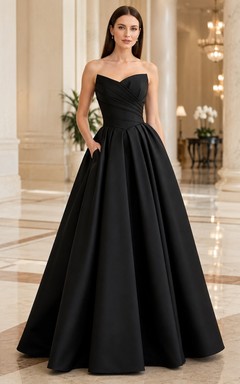 Black Strapless Satin Ball Gown Floor Length Elegant Evening Formal Dress