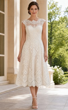 Teelanges Boho-Hochzeitskleid mit hohem Kragen, Spitze, kurzen Ärmeln und A-Linien-Schnitt