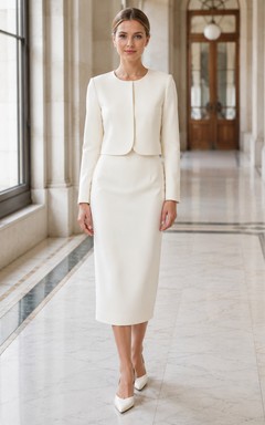 Ensemble jupe crayon minimaliste à col rond et manches longues courtes pour mariage civil