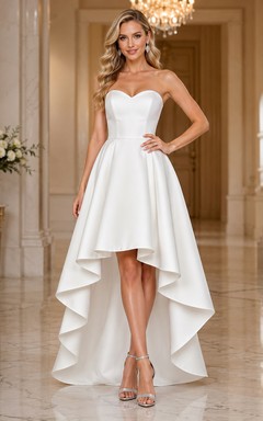 Robe de mariée de luxe en satin, coupe trapèze asymétrique, bustier sans manches, style architectural, sans manches.
