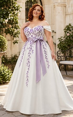 Purple Floral Plus Size A-Line Satin Bridal Dress Off-the-shoulder Short Sleeve Chapel Train