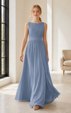 Stahlblaues, elegantes A-Linien-Brautjungfernkleid aus Chiffon mit Schmucksteinen, ärmellos
