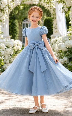 Romantic A-Line Flower Girl Dress with Jewel Neck Puff Sleeves Steel Blue Satin Front Bow Garden Ceremony
