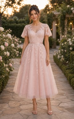 Blush Lace Illusion Short Sleeve Tulle Tea-length A-Line Dress