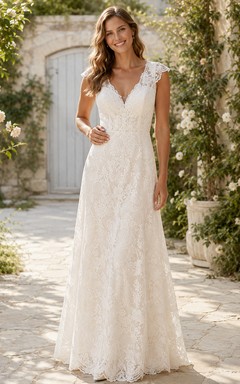 Robe de mariée vintage en dentelle et tulle, coupe trapèze, col rond, manches courtes, longueur thé