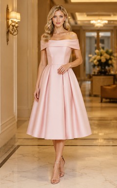Vestido de cóctel de corte A en mikado color rosa empolvado con hombros descubiertos