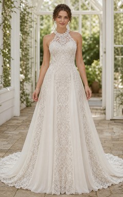 Vestido de novia sexy sin mangas, corte A, escote halter, espalda cruzada, encaje filigrana y cola catedral