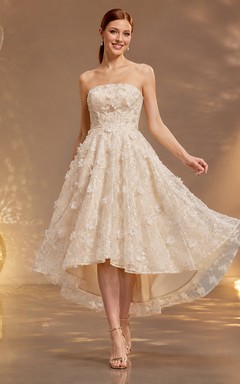 Champagne Strapless Floral High-Low Sequin A-Line Cocktail Dress
