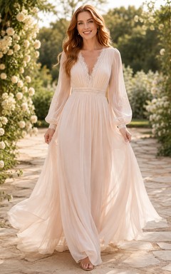 Bohemian V-Neck Long Poet Sleeve Chiffon A-Line Floor-Length Vow Renewal Wedding Dress
