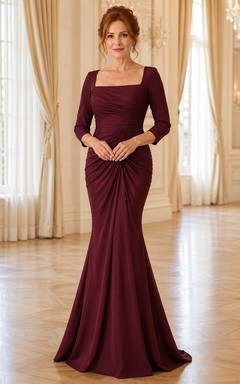 MOB-Kleid, burgunderrot, Stretch-Satin, Meerjungfrauenstil, 3/4-Ärmel, eckiger Ausschnitt, bodenlang, drapiert