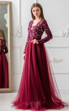 Vestido de noche moderno de corte A, largo hasta el suelo, con encaje y borde festoneado, y lazo.