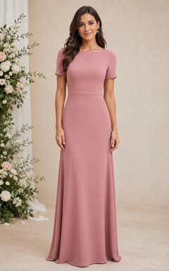 Dusty Rose Sheath Bateau Bridesmaid Dress with Short Sleeves