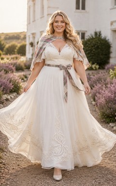 Plus Size Scottish Tartan-Shawl Cap-Sleeve V-Neck Lace A-Line Boho Wedding Dress