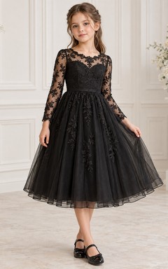 Black Long Sleeve Illusion Neck Floral Lace Tulle Tea Length Flowergirl Dress