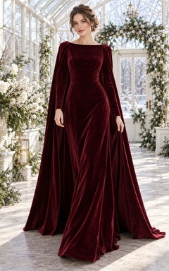 Vestido de novia de corte A con capa, manga larga y escote cuadrado, color burdeos, de terciopelo liso, ideal para invierno.