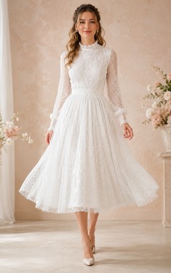 High-Neck Long Sleeve Lace Tulle Tiered A-Line Tea-Length Wedding Dress