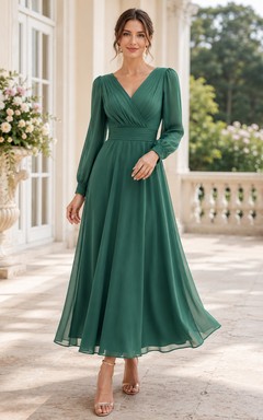 Vestido midi de gasa con escote en V y mangas estilo poeta, color jade.