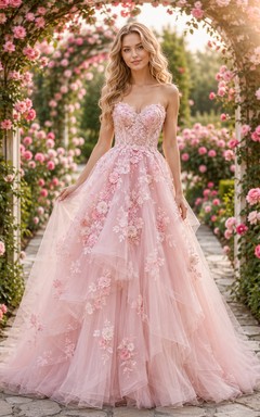 Pink Floral Strapless Tulle Rose Garden Wedding Gown
