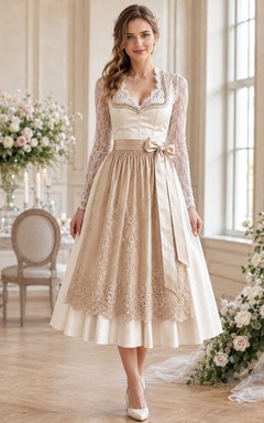 Robe de mariée de luxe rose poudré, style Dirndl, col carré, manches longues en dentelle illusion, idéale pour un mariage de style thé.