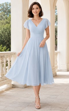 Romantic Sky Blue V Neck Flutter Sleeve Chiffon Tea Length Dress
