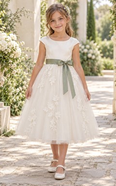 Tea-length Ivory A-line Lace Tulle Cap-sleeve Green-sash Appliqued Flower Girl Dress