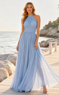 Light blue halter chiffon A-line maxi beach dress