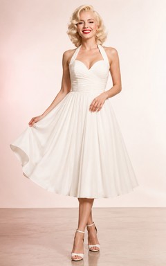 White Halter Sweetheart Tea Length Marilyn Cocktail Party Dress Chiffon