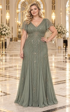 Vestido largo de dama de honor de talla grande, estilo vintage, color verde salvia, corte en A, escote en V, mangas con volantes y detalles geométricos con cuentas.