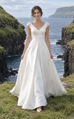 Vestido de novia de satén con escote en V, mangas cortas, corte en A, hombros de encaje y falda plisada.