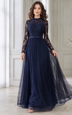 Ink Navy Lace Long Sleeve A-Line High Neck Floor Length Modest Formal Gown