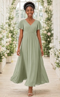 Celadonfarbenes Brautjungfernkleid für junge Damen, A-Linie, V-Ausschnitt, kurze Ärmel, plissiert