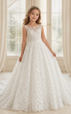 Princess A-Line Scoop Sleeveless Floral Lace Cathedral Train Flowergirl Dress