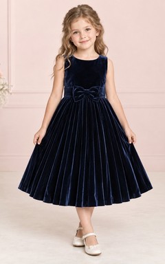 Vintage Tea-length Navy Sleeveless Bow Pleated Velvet Flower Girl Dress