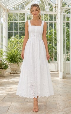 White Square Neck Straps Eyelet Lace A-Line Ankle-Length Simple Summer Guest Dress