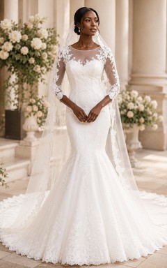 White Plus Size Long Sleeve Lace Mermaid Wedding Dress