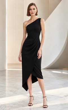 Vestido midi negro asimétrico de un solo hombro con diseño cruzado, ganador de premios.