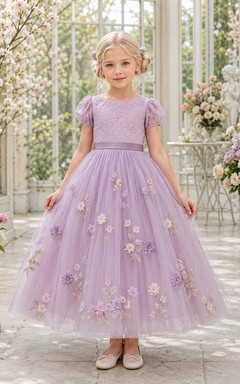 Lavender Floral Applique Short Sleeve Tulle Tea-Length Princess Garden Flower Girl Dress