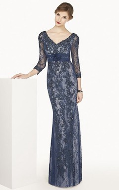 Sheath 3-4-Sleeve Floor-Length Appliqued V-Neck Lace Prom Dress With Beading And Flower