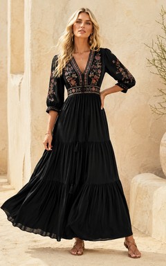 Vestido de noche ceremonial negro de gasa con encaje, escote en V, manga larga y corte en A hasta los tobillos