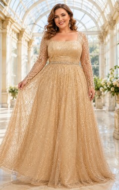 Gold Square Neck Long Illusion Sleeve Sequins Ball Gown Floor-Length Plus-Size Evening Dress