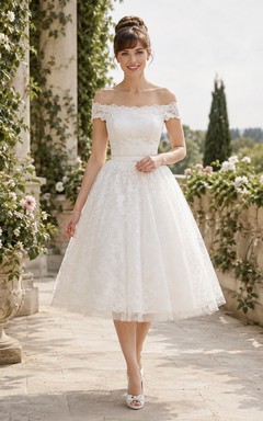 White Lace Off-the-shoulder Short Sleeve A-Line Tea-Length Romantic Cocktail Dress