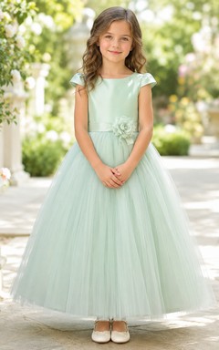 Mint Flutter Sleeve Tulle A-Line Flower Girl Dress with Jewel Neck and Tea-Length Skirt