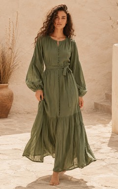 Sage Green High Neck Long Sleeve Tiered Chiffon Maxi Dress